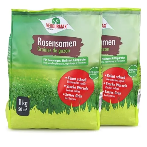 VERDURMAX® Rasensamen 2x 1 kg - Pflanzensamen – Hochwertige RSM-Mischung für einen dichten, belastbaren Rasen, resistent gegen Trockenheit und Hitze.
