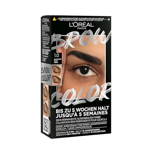 L'Oréal Paris Augenbrauenfarbe für einen strahlenden und perfekt gepflegten Look, Ammoniakfreie Augenbrauenfarbe, Bis zu 10 Anwendungen pro Pack, Brow Color, 1.0 Schwarz
