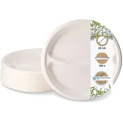 BIOZOYG 100 Stück Teller 22 cm, 2 Kammern Einwegteller, Zuckerrohr-Teller rechteckig für Menüs, umweltfreundlich, biologisch abbaubares Geschirr