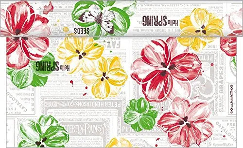 Sovie HOME Tischläufer Hello Spring in GELB-ROT, Linclass® Airlaid, 40x4,80 m, 1 Stück, alle 30 cm perforiert, Aquarellblüten auf dekorativem Zeitungsprint, Ideal für Gartenpartys