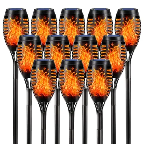 LQWELL Solarleuchten 12 Stück - Flammeneffekt Fackellicht für Garten - Wasserdichte Wegeleuchten mit realistischem Flammeneffekt, ideal für stimmungsvolle Gartenbeleuchtung. Genießen Sie 8–10 Stunden Licht mit Solarenergie und automatischem Ein- und Ausschalten.