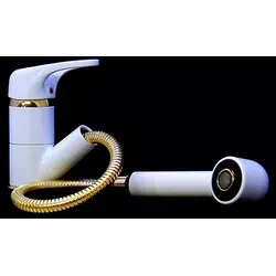 Hochwertige Einhebel Spültischarmatur mit Brause in Weiß-Gold - Armatur aus massivem Messing mit schwenkbarem Auslauf, ideal für moderne Küchen. Ausziehbare Geschirrbrause und einfache Montage machen sie zur perfekten Wahl für jeden Haushalt.