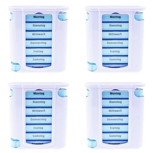 KAMACA 4 er Pack (4 Stück) praktischer Medikamentendosierer 28 Tage mit 4 Fächern pro Tag, Pillendose,Pillenbox, Tablet, Organizer, Tablettenbox, Wochendosierer 1 Monat (4er Set - 4 Wochen)