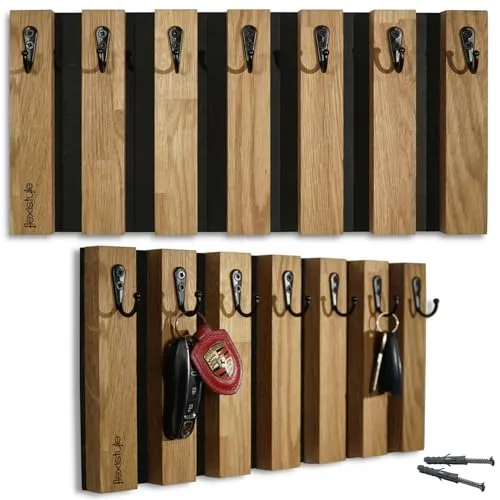 FLEXISTYLE Lamellen Schlüsselbrett Garderobenleiste Holz, Eiche, Hakenleiste, Kleiderhaken, Wandhaken, Edelstahl, Wandgarderobe, Garderobenpaneel, für Flur, Kinderzimmer, Schlafzimmer (40cm 7 Haken)