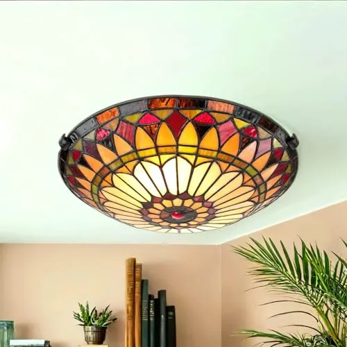 Deckenleuchte FARFALLA 10 in Bronze - Buntglas Tiffany Lampe Ø42cm - Elegante Tiffany Lampe für stilvolle Beleuchtung im Jugendstil, ideal für Wohnzimmer und Esszimmer. Aus hochwertigem Buntglas und robustem Stahl gefertigt.