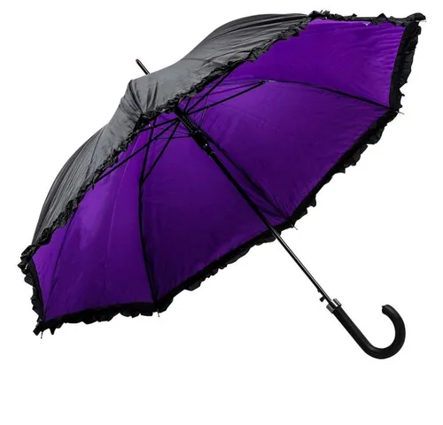Luckyweather Rüschenschirm schwarz/violett - Automatik Stockregenschirm - Eleganter Stockregenschirm mit romantischen Rüschen, UV-Schutz und automatischer Öffnung. Ideal für modebewusste Damen, die bei jedem Wetter stilvoll geschützt sein möchten.