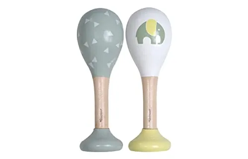 Kindsgut Rasseln aus Holz, 2er Set Musik Instrument für Babys und Klein-Kinder, ideal für unterwegs, dezente Farben und hochwertige Qualität, Elefant und Dreiecke