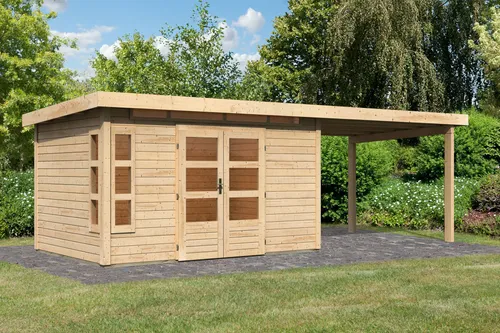 Karibu Gartenhaus Kastorf 7 mit Anbaudach, 3,2 m Breite - Vielseitiges Gartenhaus Kastorf 7 mit exklusiver Fensterecke und 6 Lichtausschnitten aus Kunstglas. Modernes Pultdach aus Massivholz sorgt für Witterungsschutz und ansprechendes Design.