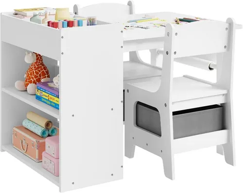 Woltu Kindertisch mit 2 Stühlen und Aufbewahrungsboxen, Weiß - Praktischer Kindertisch mit 2 Stühlen und 2 Aufbewahrungsboxen. Ideal für kreative Spiele und Aufbewahrung. Robuste Qualität und modernes Design, passend für jedes Kinderzimmer.