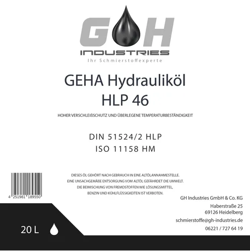 L Hydrauliköl HLP 46 ISO VG 46 nach DIN 51524 Teil 2 10 x 20 L Kanister 200