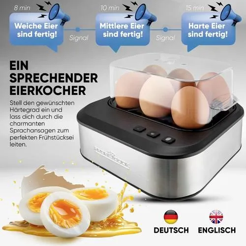ProfiCook Sprechender Eierkocher - Für 6 Eier, perfektes Ergebnis in 3 Härtegraden, Edelstahlgehäuse mit Sprachausgabe für einfache Handhabung