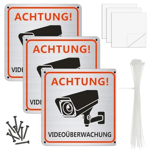 Stück Videoüberwachung Schild, 15 x 15 cm Aluminium Hinweisschild Videoüberwachung, Schilds Kameraüberwachung mit Selbstklebend und 4 Bohrlöcher 3