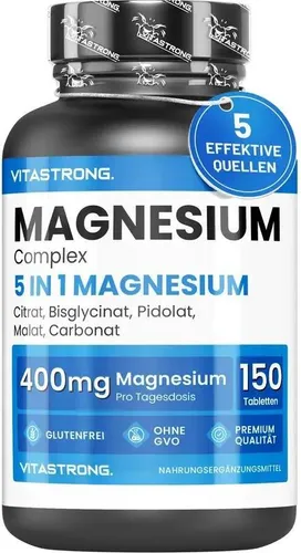 Magnesium Komplex 5-in-1, 400mg - Premium Qualität Vitastrong - Magnesiumpräparate mit 5 Bioverfügbaren Formen, ideal zur Unterstützung von Muskeln, Nerven und Energiestoffwechsel. 150 Tabletten frei von Gluten und Laktose.