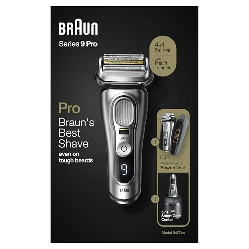 Braun Series 9 Pro Premium Rasierer Herren mit 4+1 Scherkopf, Elektrorasierer & ProLift Trimmer, PowerCase, 5-in-1 Reinigungsstation, 60 Min Laufzeit, Made in Germany, 9477cc, silber