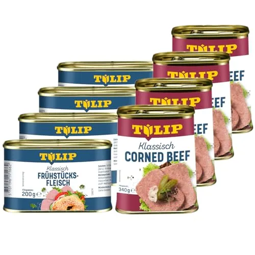 TULIP Corned Beef & Frühstücksfleisch Set - Praktisches 8er Set mit 4x Corned Beef (340g) und 4x Frühstücksfleisch (200g). Ideal für kreative Gerichte, schnell zubereitet und reich an hochwertigem Eiweiß. Perfekt für Salate, Bowls und mehr!
