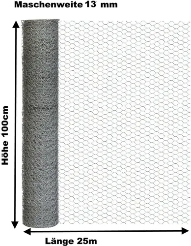 Sechseckdraht 100cm hoch, 25m lang - Verzinkter Maschendraht für Kleintiergehege - Maschendraht für Außenanwendungen, robust und verzinkt. Ideal für Kleintiergehege, Wildzäune und als Rankhilfe. Individuell zuschneidbar.