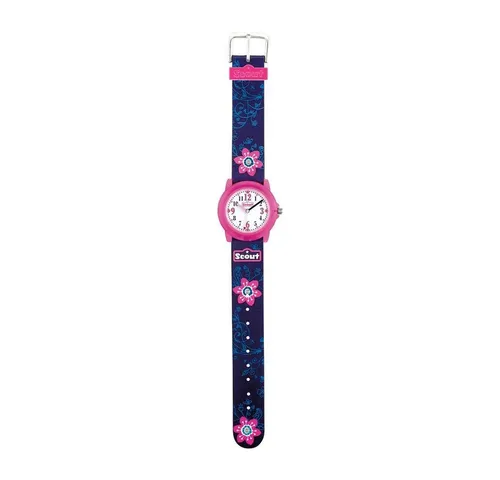Scout Quarzuhr für Mädchen - Analog Quarz Uhr mit PU Armband 280305028 - Armbanduhr für Mädchen von Scout, mit pinkem Kunststoffgehäuse und wasserdicht bis 5 bar. Ein stylisches Accessoire mit floralen Motiven auf dem Kunstlederarmband.
