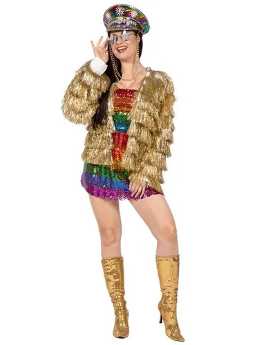 Metamorph Kostüm Glitzer Festivaljacke gold - Disco-Fever-Kostüm mit langen, glänzenden Fransen und auffälligem Lametta-Design – perfekt für Club, Festival oder Karneval!
