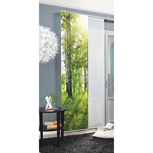 Home Fashion Schiebevorhang in Grün, 245 x 60 cm - Schiebevorhang aus hochwertigem Dekostoff in Seidenoptik, fotorealistischer Digitaldruck und leicht kürzbar. Inkl. Zubehör für einfache Montage - ideal für stilvolle Fensterdekoration!