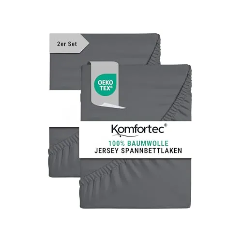 Komfortec Spannbettlaken Jersey 2er Set – 200x200 cm, weich & atmungsaktiv - Spannbettlaken aus 100% Baumwolle, Oeko-Tex zertifiziert, mit Rundumgummi für perfekten Sitz auf Matratzen bis 25 cm – ideal für Allergiker und gesundes Schlafklima.
