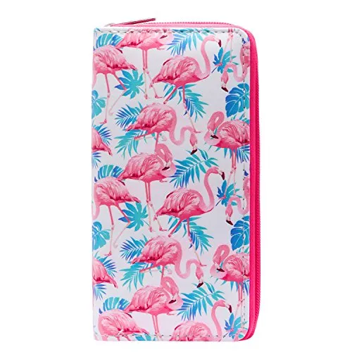 DonDon Geldbörse Damen mit Reißverschluss Portemonnaie Geldbeutel Damen Kinder Mädchen Flamingos und Blätter