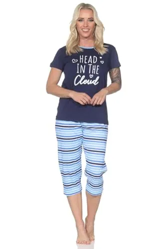 Normann Damen Schlafanzug Kurzarm Pyjama mit Capri-Pyjamahose in Streifenoptik, Farbe:Navy, Größe:40-42