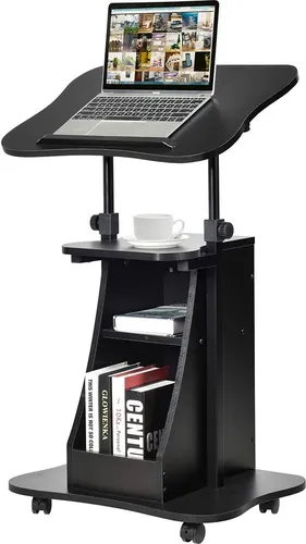 COSTWAY Laptoptisch auf Rollen - Höhenverstellbarer Stehtisch für flexibles Arbeiten - Computertisch mit höhenverstellbarer Tischplatte von 66 cm bis 110 cm, ideal für Home Office und Büro. Mit 4 Universalrollen für einfache Mobilität und 2 offenen Fächern für zusätzlichen Stauraum.