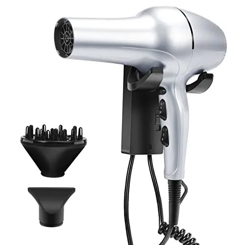 QL Föhn Ionen,Haartrockner mit Halterung und Diffusor,2200W,Wand fön mit AC Bürstenloser Motor für Hotel,Haus,Salon,Silber