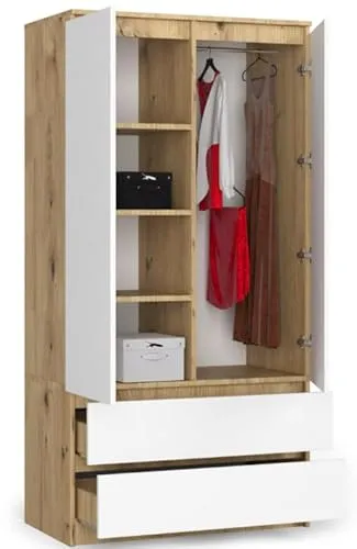 BDW Kleiderschränk 2 Türen, 4 Einlegeböden, Kleiderständer, 2 Schubladen, Mehrzweckschrank, Schubladenschrank, Garderobenschrank für Schlafzimmer, Wohnräume, 180x90x51cm, Eiche Artisan/Weiss