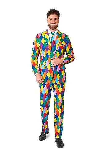 Suitmeister Herren Faschingskostüm - Multicolor Slim Fit Anzug - Kostüm-Outfits für Erwachsene, schmal geschnitten mit Blazer, Hose und Krawatte, ideal für Fasching und Karneval, verstellbarer Bund für perfekten Sitz.
