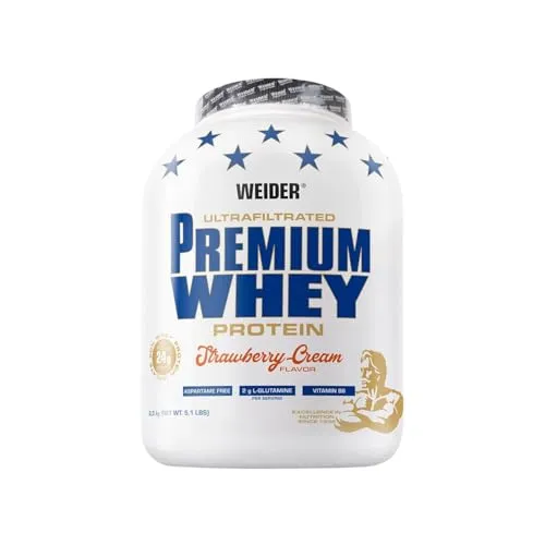 Weider Premium Whey Protein Pulver Erdbeer-Vanilla - Molkenproteine mit 33g hochwertigem Protein pro Portion, ideal für Muskelaufbau und -erhaltung. Angereichert mit L-Glutamin & Vitamin B6 für optimale Regeneration.