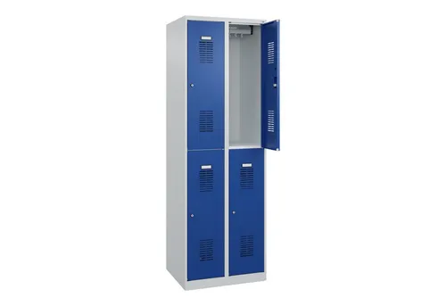 CP-Möbel Spind Basis PLUS, blau, 2 Abteile - Büromöbel mit 2 Abteilen und 4 Fächern, ideal für bis zu 4 Personen. Robuste Stahlkonstruktion mit Zylinderschloss, Soft-Anschlag und optimaler Belüftung. Lieferung komplett montiert.