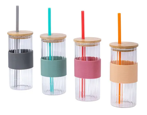 Levandeo® Glas, 4er Set Glas mit Deckel 400ml Bunt Strohhalm Bambusdeckel Trinkbecher