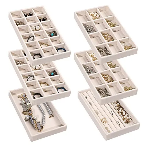 Frebeauty Schmuck Organizer Tablett, stapelbare Samt Schmuck Tabletts, Schublade Einsätze Ohrring Organizer für Frauen Mädchen Schmuck Lagerung Vitrine für Ringe Stud Halsketten, Set 6(Beige)