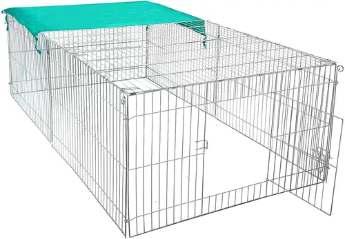 EUGAD Freigehege mit Sonnenschutz 216x65x116 cm - Freilaufgehege für Kleintiere mit 4 Türen, 6 Erdspießen und großzügigem Platz für Aktivitäten. Das Sonnensegel bietet optimalen Schutz bei heißem Wetter.