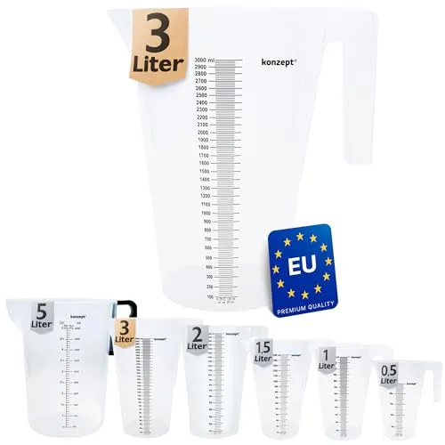 KONZEPT Messbecher 3 Liter, Verschiedene Größen zur Wahl, Ideal für Küche, Garten, Werkstatt, Transparent, Robuster Kunststoff, Stapelbarer Litermaß