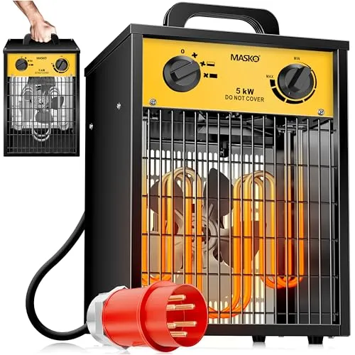 MASKO Heizgerät 5000 W - Elektroheizer mit Thermostat - Heizlüfter für effiziente Wärmeverteilung, mobil und allergikerfreundlich. Perfekt für Garage, Büro und Camping mit integriertem Flammenschutz und Überhitzungsschutz.