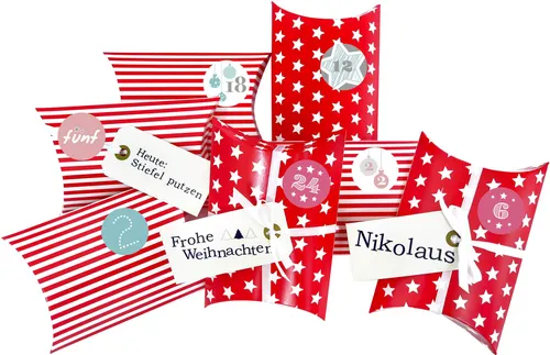 Frau WUNDERVoll® DIY Adventskalender zum Befüllen Christkind: Set 177, Kissenschachteln 15x11x4,5cm rot Sterne und Streifen, Ziffern pastell