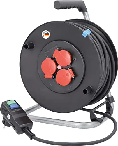 As-Schwabe PRCD Sicherheits-Kabeltrommel 40m - Kabeltrommel mit Personenschutzstecker, 40m Gummischlauchleitung und 3 Schutzkontaktsteckdosen. Ideal für den Außenbereich, schützt vor Stromschlägen.