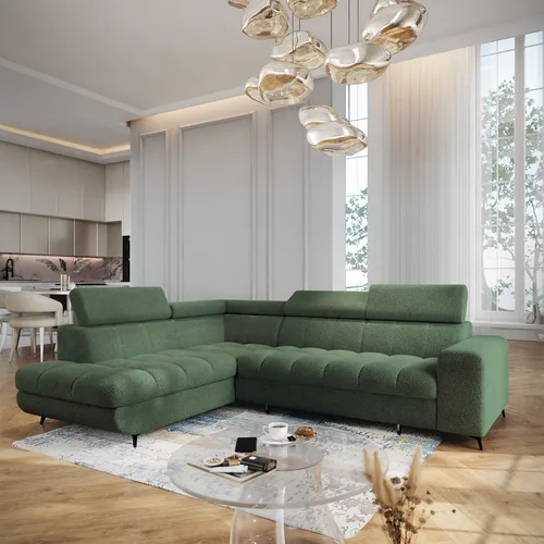 Masseno Ecksofa MORIVA Q L-S mit Schlaffunktion und Bettkasten - Grün - Elegantes Ecksofa mit Schlaffunktion und praktischem Stauraum für Bettzeug. Ideal für Gäste und sorgt für ein stilvolles Ambiente in Ihrem Wohnzimmer.