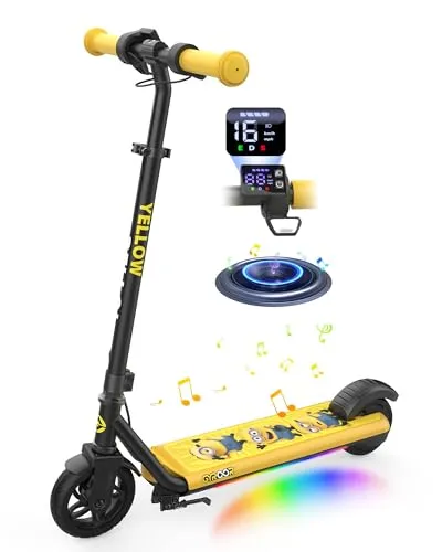 Gyroor Minions E Scooter Kinder 6-12 Jahre, v150W Motor Elektroroller für Kinder 10/13/16 km/h LED Digitalanzeige, Musik E Roller Kinder Bunte Regenbogenlichter, 3 Einstellbare Höhe Elektrorscooter