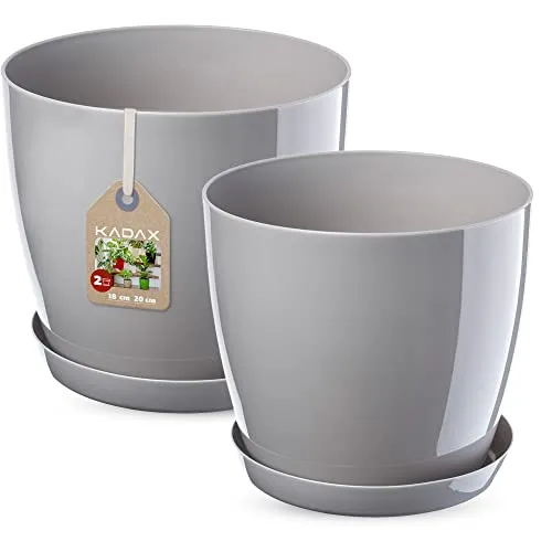 KADAX Blumentopf, Pflanzkübel-Set mit Untersetzer, Blumenkübel aus Kunststoff, runder Pflanztopf für Innenbereich, Übertopf für Blumen und Zimmerpflanzen, Kräutertopf (Set of 2 – 18+20cm, grau)