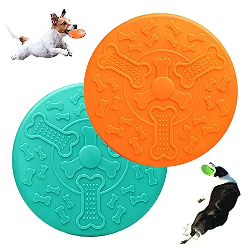 OUOQI Hundespielzeug Frisbee,Hunde Frisbees,2 Stück Dog Frisbee Disc,Gummi Frisbee,Hund Scheibe,für kleine Hunde Land und Wasser,Fangen,Werfen,Spielen,Hundetraining