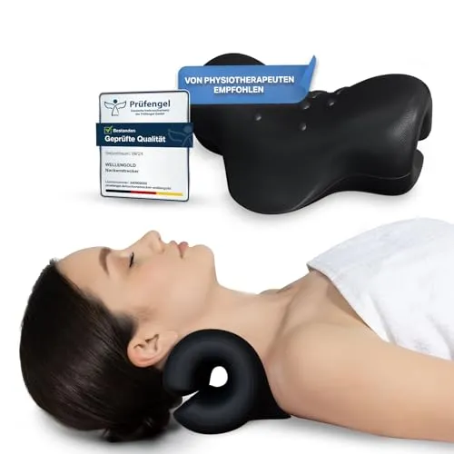 WELLENGOLD Nackenstrecker - Komfortabler Nackendehner für Entspannung - Erlebe spürbare Erleichterung bei Nackenverspannungen mit dem WELLENGOLD Nackenstrecker. Das leichte Kissen bietet Komfort und Unterstützung für die Haltung – ideal für Büro und Reisen. Inkl. Anleitung und E-Book.