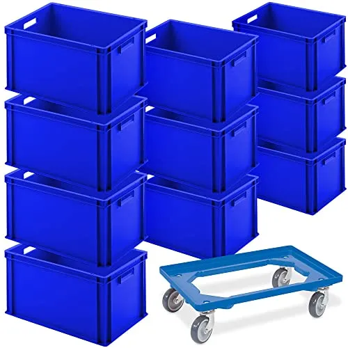 BRB 10 Eurobehälter mit Transportroller - Industriequalität Euro-Box, lebensmittelecht aus PP, inklusive Transportroller mit 4 Lenkrollen für hohe Tragkraft von 250 kg, ideal für Lager und Transport.