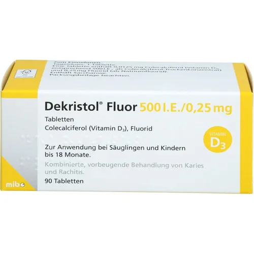 Dekristol Fluor 500 I.E. / 0.25mg - 90 Tabletten - Präventive Fluoridtabletten für Säuglinge und Kleinkinder bis 18 Monate. Unterstützen die Zahnpflege und tragen zur Erhaltung der Zahngesundheit bei.