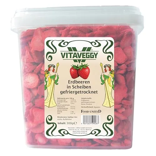 VITAVEGGY gefriergetrocknete Erdbeeren in Scheiben 6x300g gefriergetrocknete Früchte im wiederverschließbaren Eimer, Abfüllung in Deutschland,100% Frucht, für Smoothies, Müslis und Bowls
