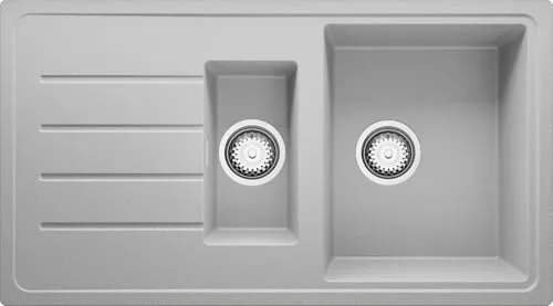 PRIMAGRAN Spülbecken Grau 90x50cm, Granitspüle 1,5 Becken + Ablauf-Set, Küchenspüle ab 60er Unterschrank - Kopenhagen Duo S005