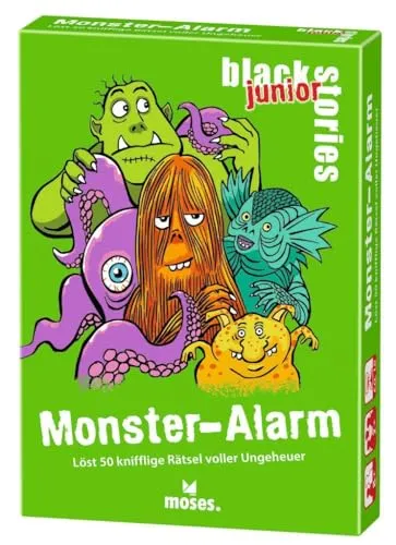 moses 90193 Black Stories junior Monster-Alarm - 50 Rätsel voller Ungeheuer, spannendes Kartenspiel mit Spielvarianten für Kinder ab 8 Jahren