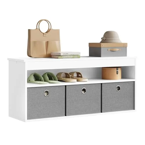 WOLTU Sitzbank mit Sitzfläche, Schuhbank mit Stauraum, Flurbank mit 3 Stoffschubladen, offenem Fach, Bettbank, für Flur Schlafzimmer, 102x45x30 cm, Holzwerkstoff, Weiß
